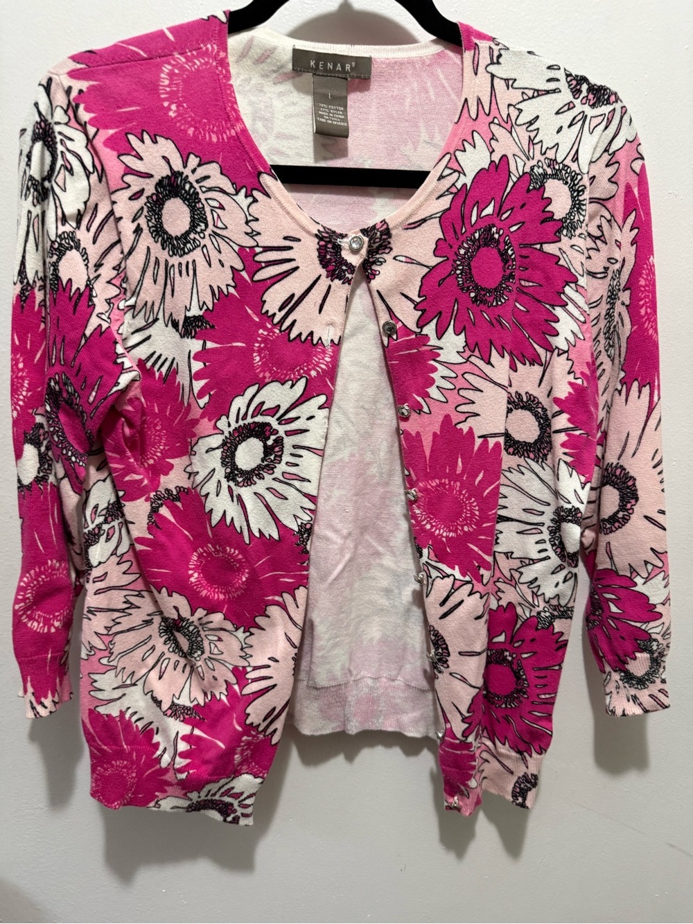 Kenar Pink and Black Floral Knit Cardigan with Crystal Button